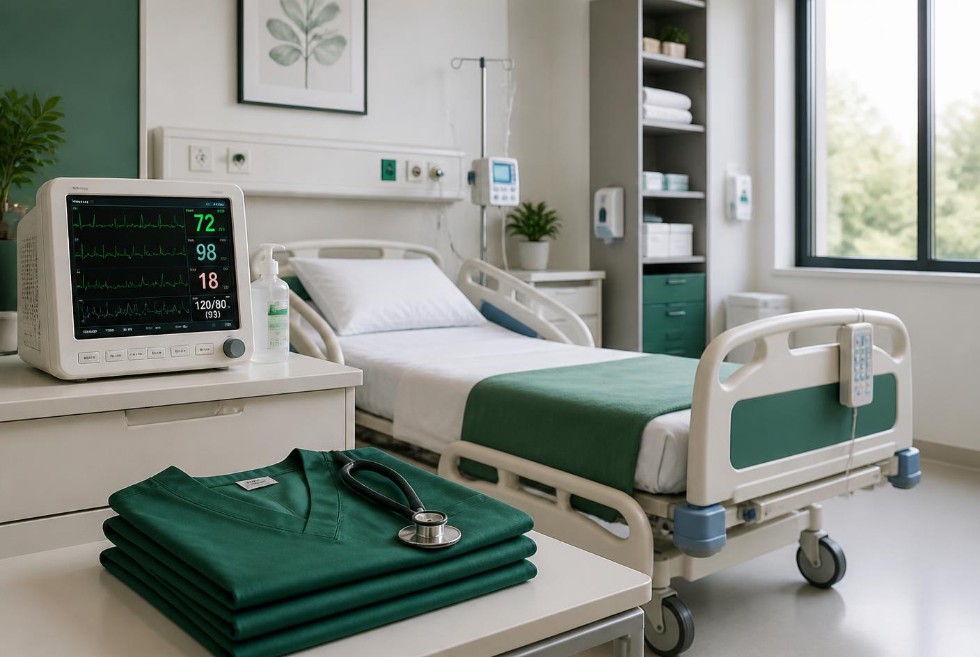 Hospital ward with a vital signs monitor, bed and folded green scrubs