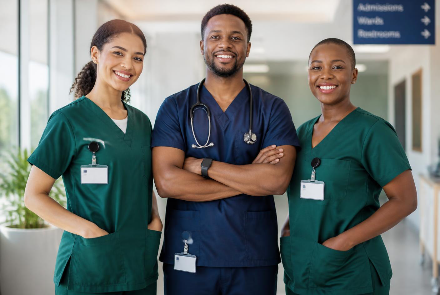 Three South African healthcare professionals in green and navy scrubs in a hospital corridor